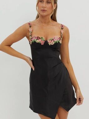 Selfie Leslie Black Mini Dress with Pink & Green Floral Appliqué